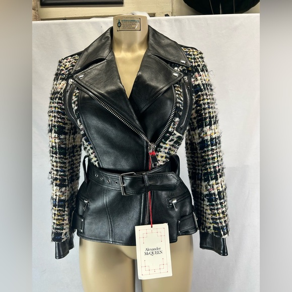 ALEXANDER MCQUEEN 
Hybrid Leather And Tweed Biker Jacket - Picture 1 of 11